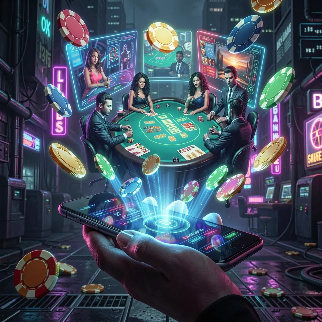 BXB BIT App – A seamless and immersive mobile casino experience for Filipino players Colorful holographic casino chips floating above a smartphone display showcasing the immersive BXB BIT casino app experience for players in the Philippines