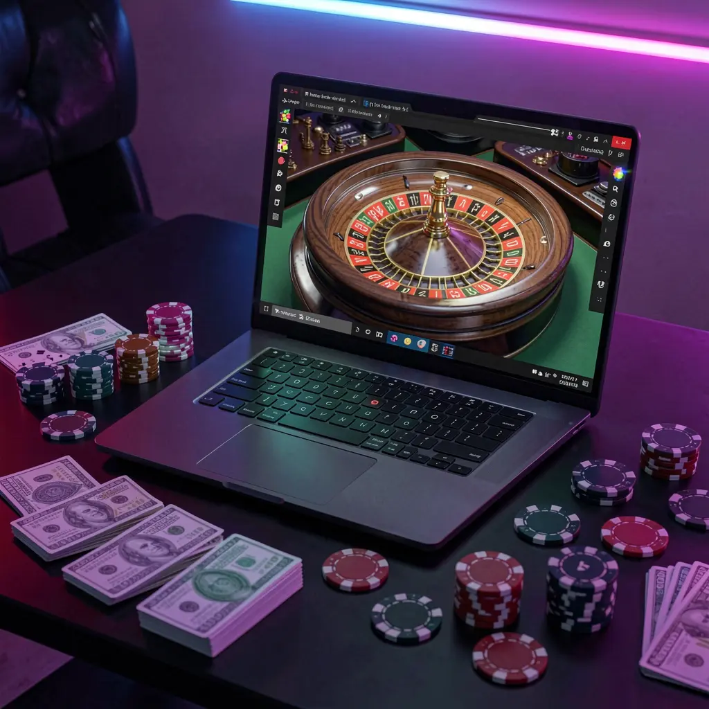 Modern laptop displaying an online roulette wheel surrounded by poker chips and cash in a neon lit gaming atmosphere on BXB BIT casino platform for the Philippines