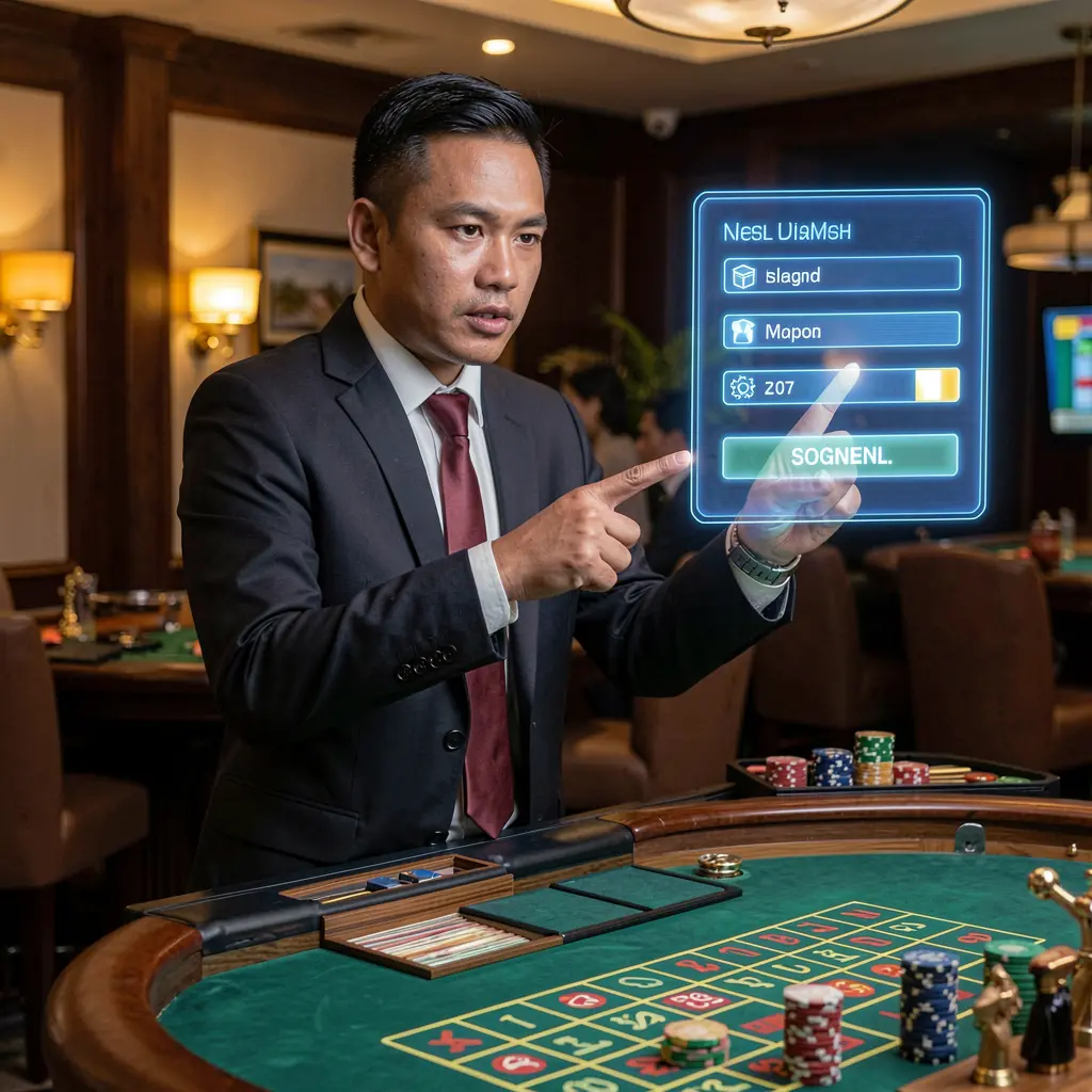 Confident casino professional from the Philippines pointing at a holographic login interface with a glowing roulette wheel behind him representing BXB BIT