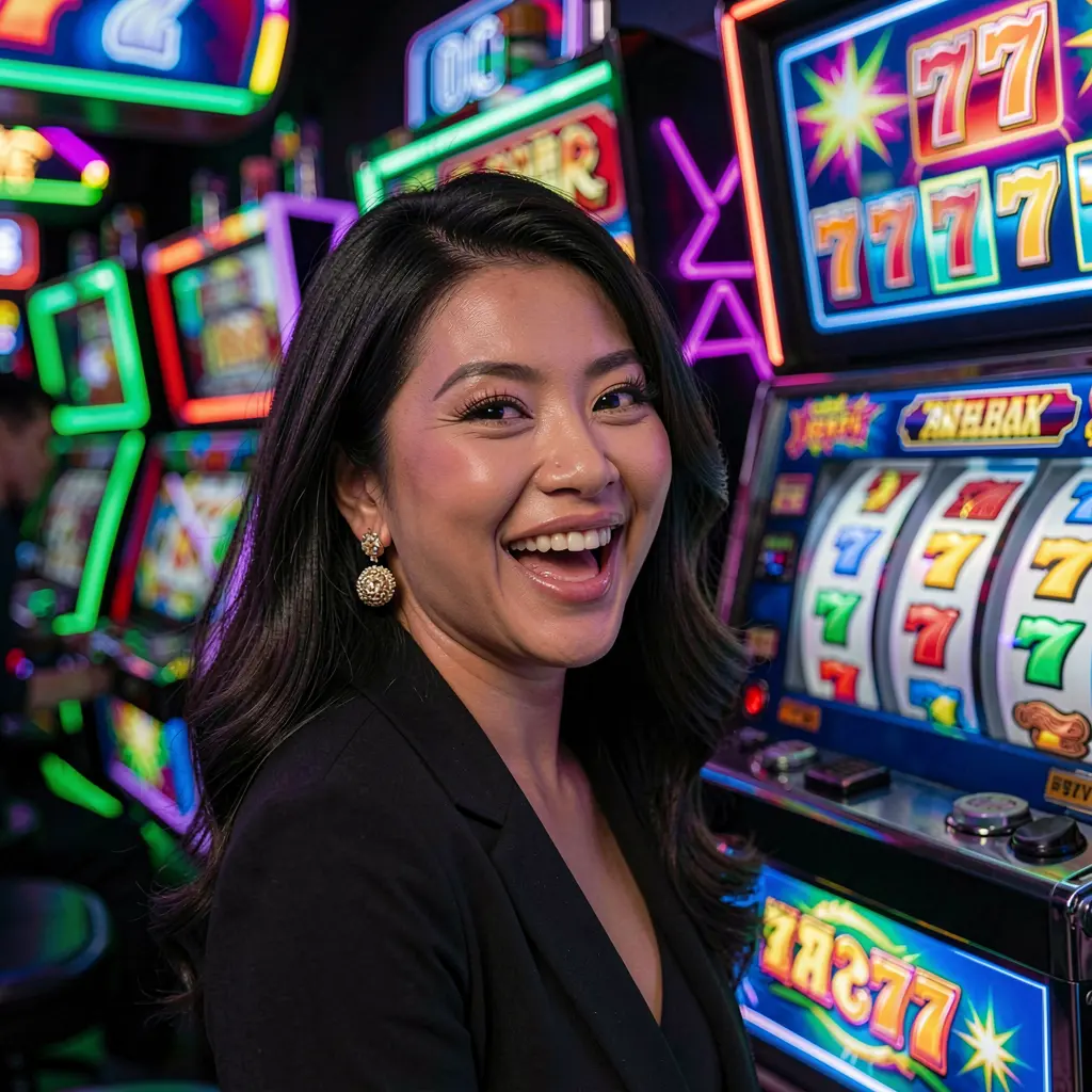 Stylish casino player enjoying colorful slot machines with glowing 777 symbols at BXB BIT casino creating a thrilling gaming mood for players in the Philippines